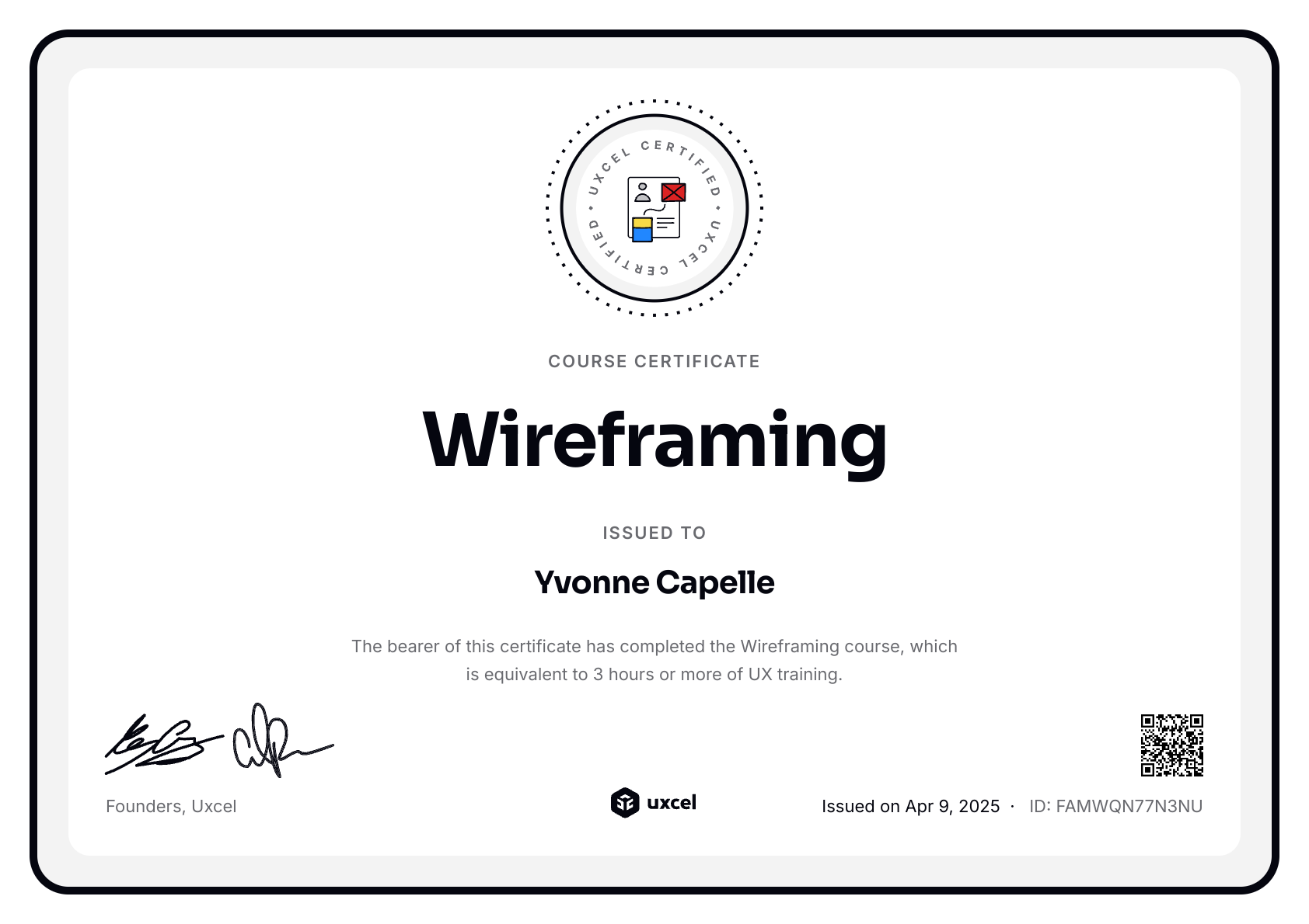 Yvonne Capelle's certificate